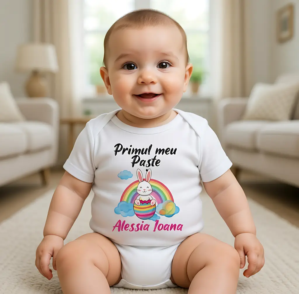 Body bebeluș personalizat Primul meu Paște cu iepuraș și nume