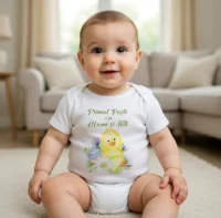 Body bebelus alb personalizat "Primul Paște cu Mami și Tati" cu puișor flori și ouă