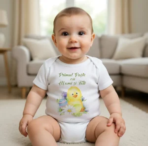 bdy-pas-00002-mami-tati-puisor Body bebelus alb personalizat "Primul Paște cu Mami și Tati" cu puișor flori și ouă
