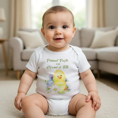 Body bebelus alb personalizat "Primul Paște cu Mami și Tati" cu puișor flori și ouă