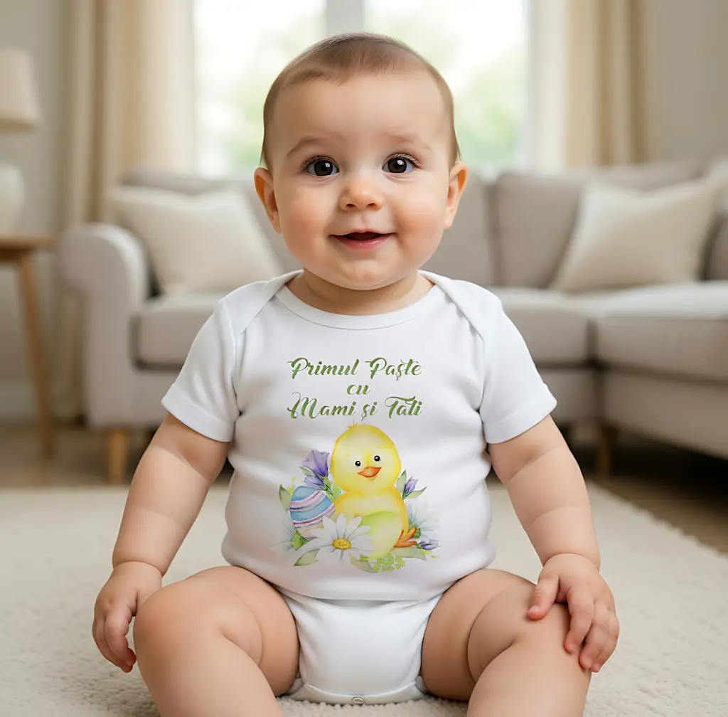 Body bebelus alb personalizat "Primul Paște cu Mami și Tati" cu puișor flori și ouă