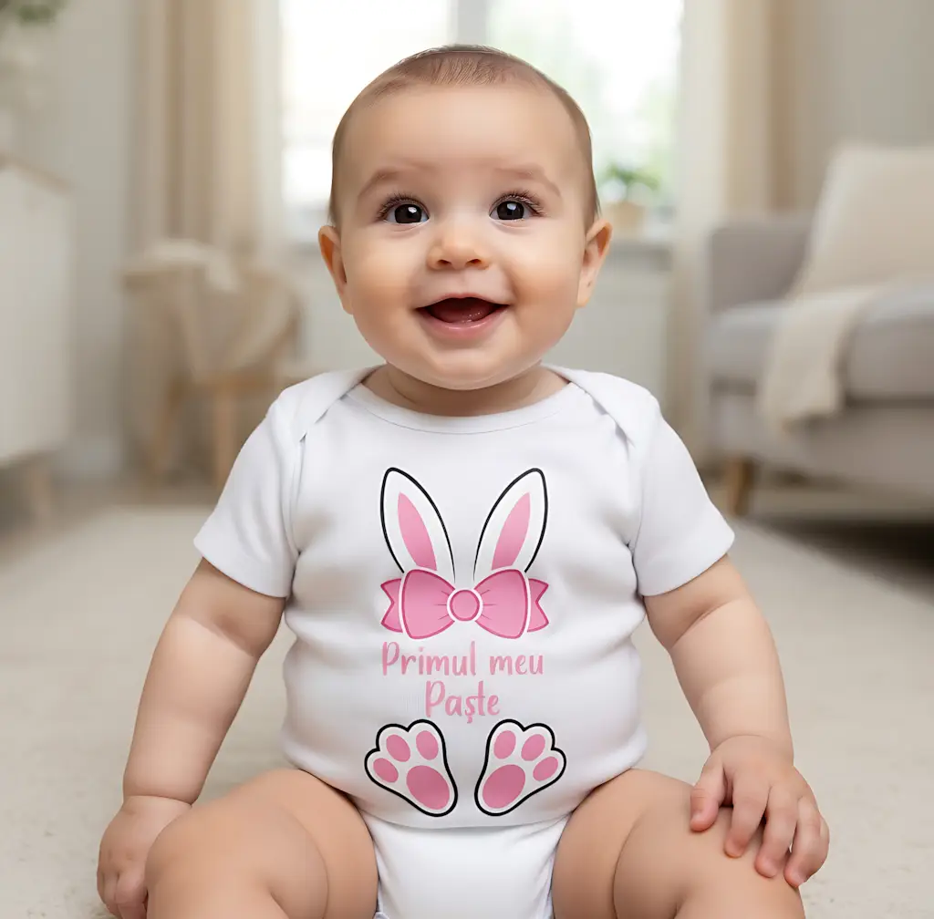 Body bebelus personalizat Primul meu Paste urechi iepuras si fundita roz