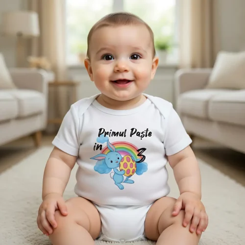 Body bebelus personalizat Primul Paște în 3 iepuraș albastru și curcubeu