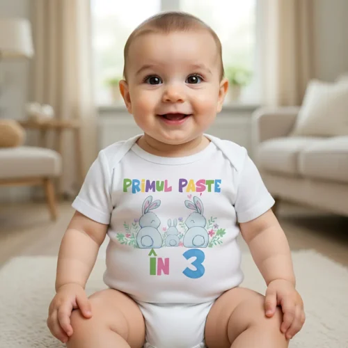 Body bebelus personalizat Primul Paște în 3 familie iepurași și flori
