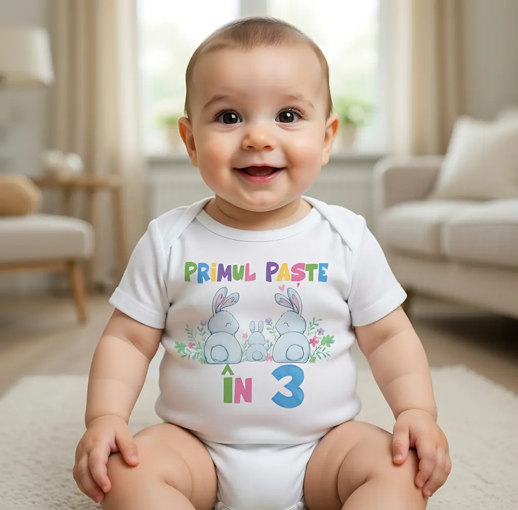 Body bebelus personalizat Primul Paște în 3 familie iepurași și flori