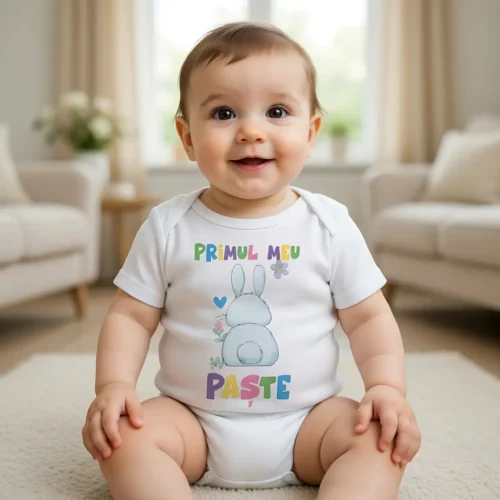 Body bebelus personalizat Primul meu Paste iepuras cu inimioara albastra