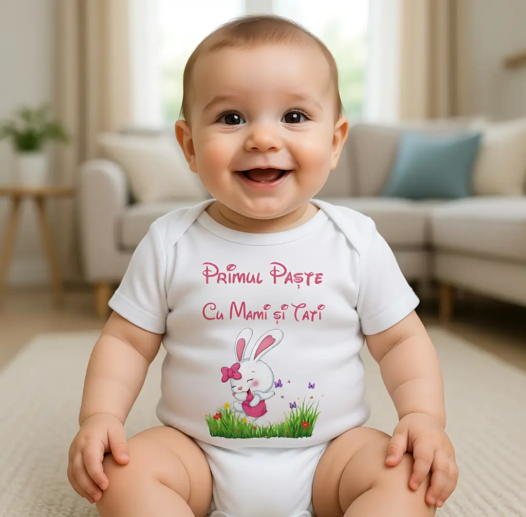 Body bebelus personalizat Primul Paște cu Mami și Tati iepuraș roz și flori