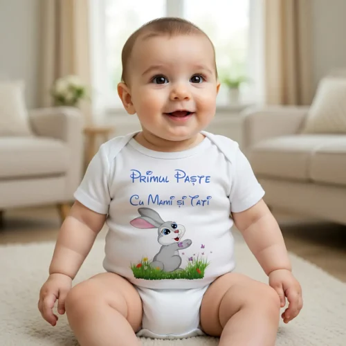 Body bebelus personalizat Primul meu Paste iepuras albastru fluturi si flori