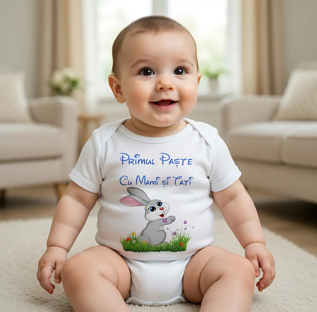Body bebelus personalizat Primul meu Paste iepuras albastru fluturi si flori