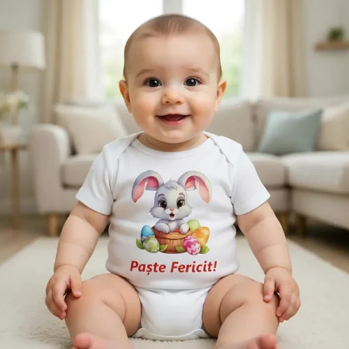 Body bebelus personalizat Paste Fericit iepuras in cos cu oua colorate