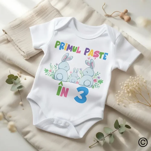Body Bebelus Personalizat - Primul Paste in 3 Familie