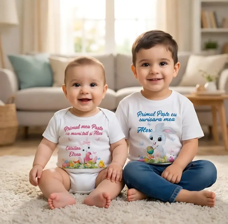 Body bebeluș personalizat Paște Fericit cu iepuraș ouă colorate și flori