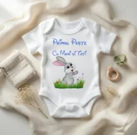bdy-pas-00009-maneca-scurta Body bebelus personalizat Primul meu Paste - Iepuras albastru maneca scurta