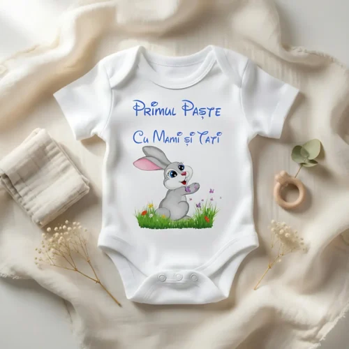 Body bebelus personalizat Primul meu Paste - Iepuras albastru maneca scurta
