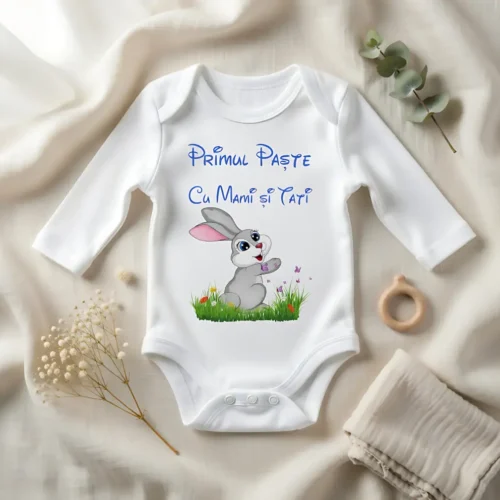 Body bebelus personalizat Primul meu Paste - Iepuras albastru maneca lunga