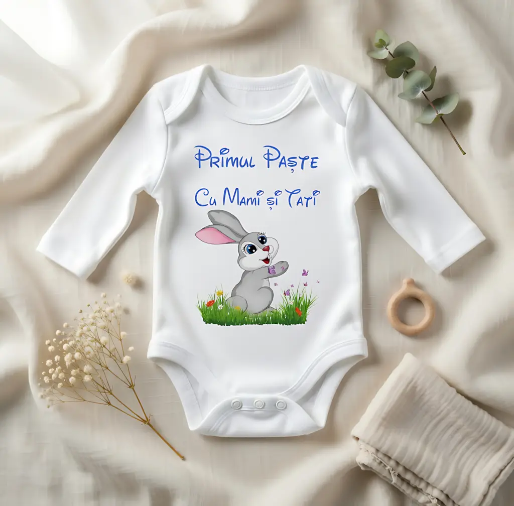 Body bebelus personalizat Primul meu Paste - Iepuras albastru maneca lunga