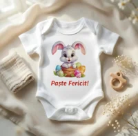 Body bebelus personalizat Paste Fericit - Iepuras in cos maneca scurta