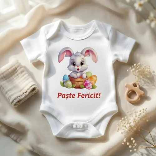 Body bebelus personalizat Paste Fericit - Iepuras in cos maneca scurta