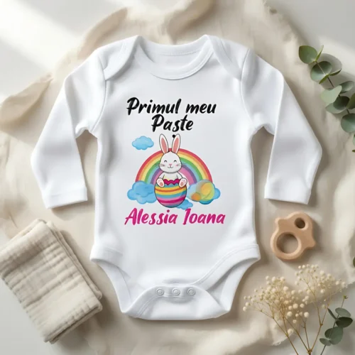 Body Bebeluş Personalizat - Primul meu Paşte - Model Iepuraş şi Curcubeu