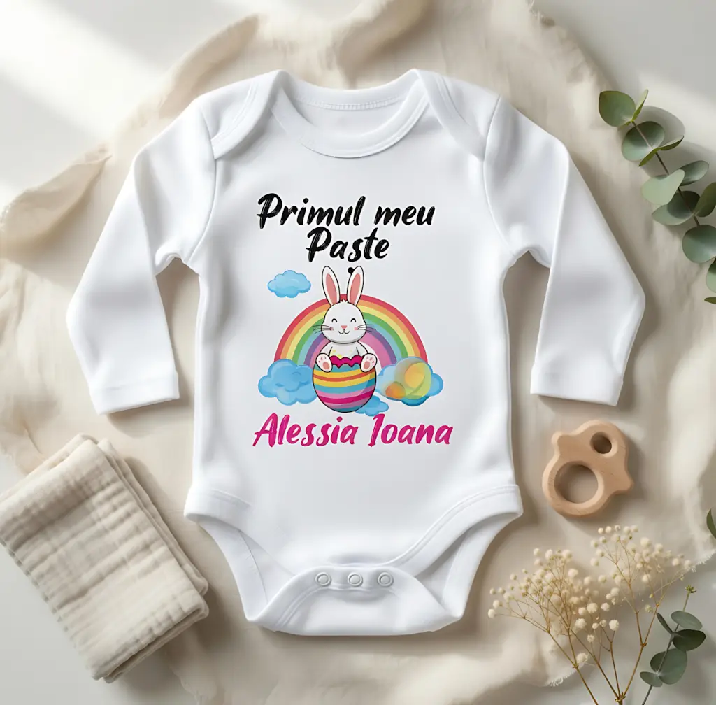 Body Bebeluş Personalizat - Primul meu Paşte - Model Iepuraş şi Curcubeu