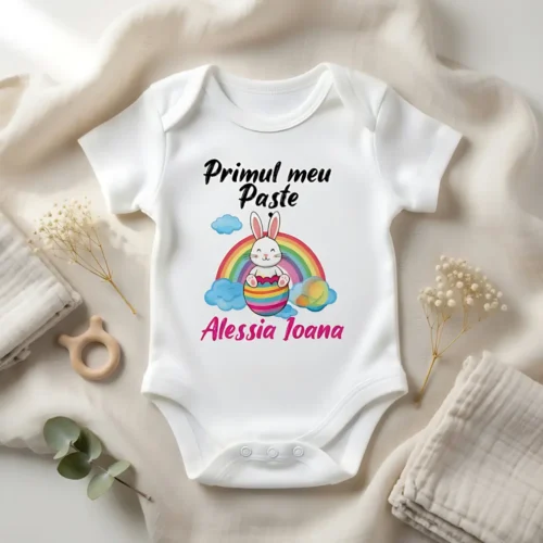 Body Bebeluş Personalizat - Primul meu Paşte - Model Iepuraş şi Curcubeu