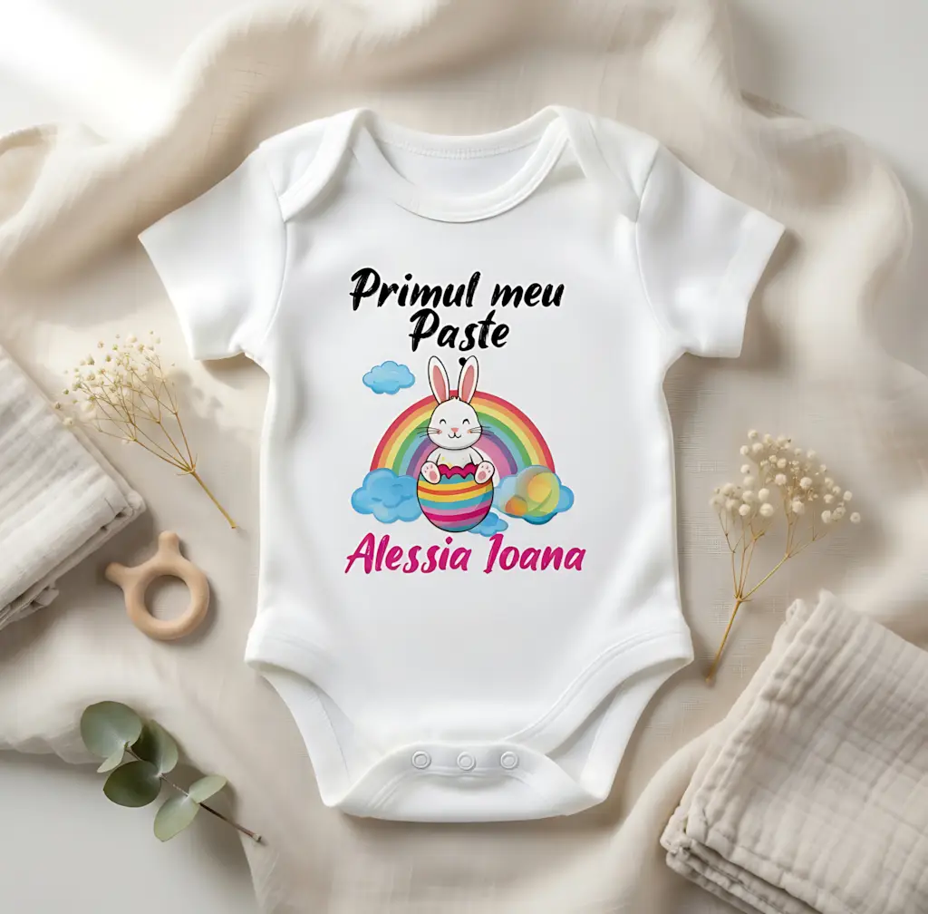 Body Bebeluş Personalizat - Primul meu Paşte - Model Iepuraş şi Curcubeu