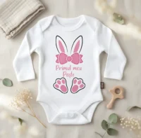 Body Bebeluș Personalizat - Primul meu Paște - Urechiușe și Fundiță Roz