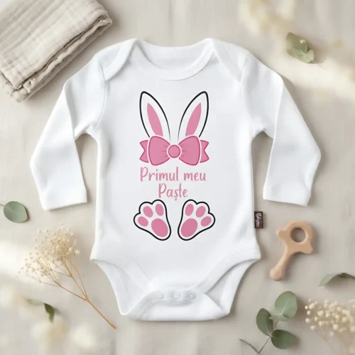 Body Bebeluș Personalizat - Primul meu Paște - Urechiușe și Fundiță Roz