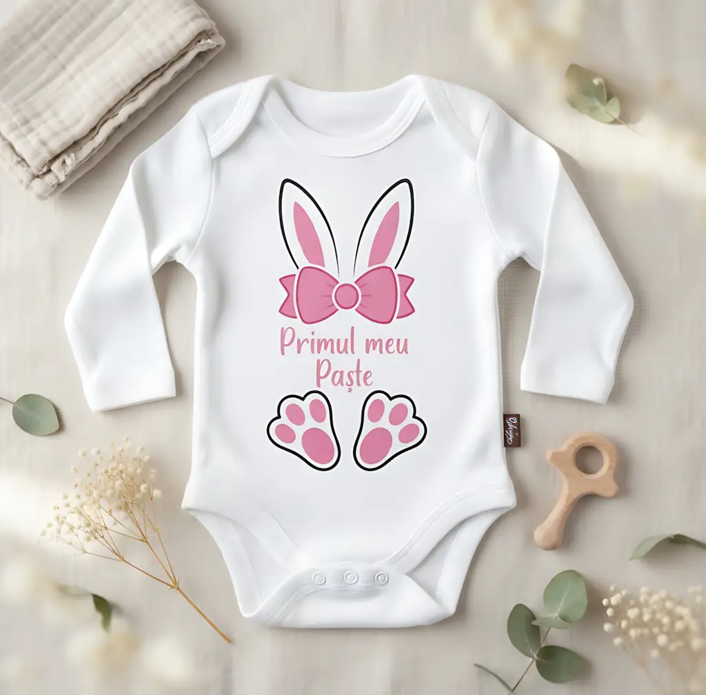 Body Bebeluș Personalizat - Primul meu Paște - Urechiușe și Fundiță Roz