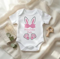 Body Bebeluș Personalizat - Primul meu Paște - Urechiușe și Fundiță Roz