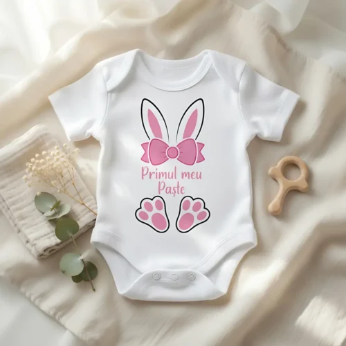 Body Bebeluș Personalizat - Primul meu Paște - Urechiușe și Fundiță Roz