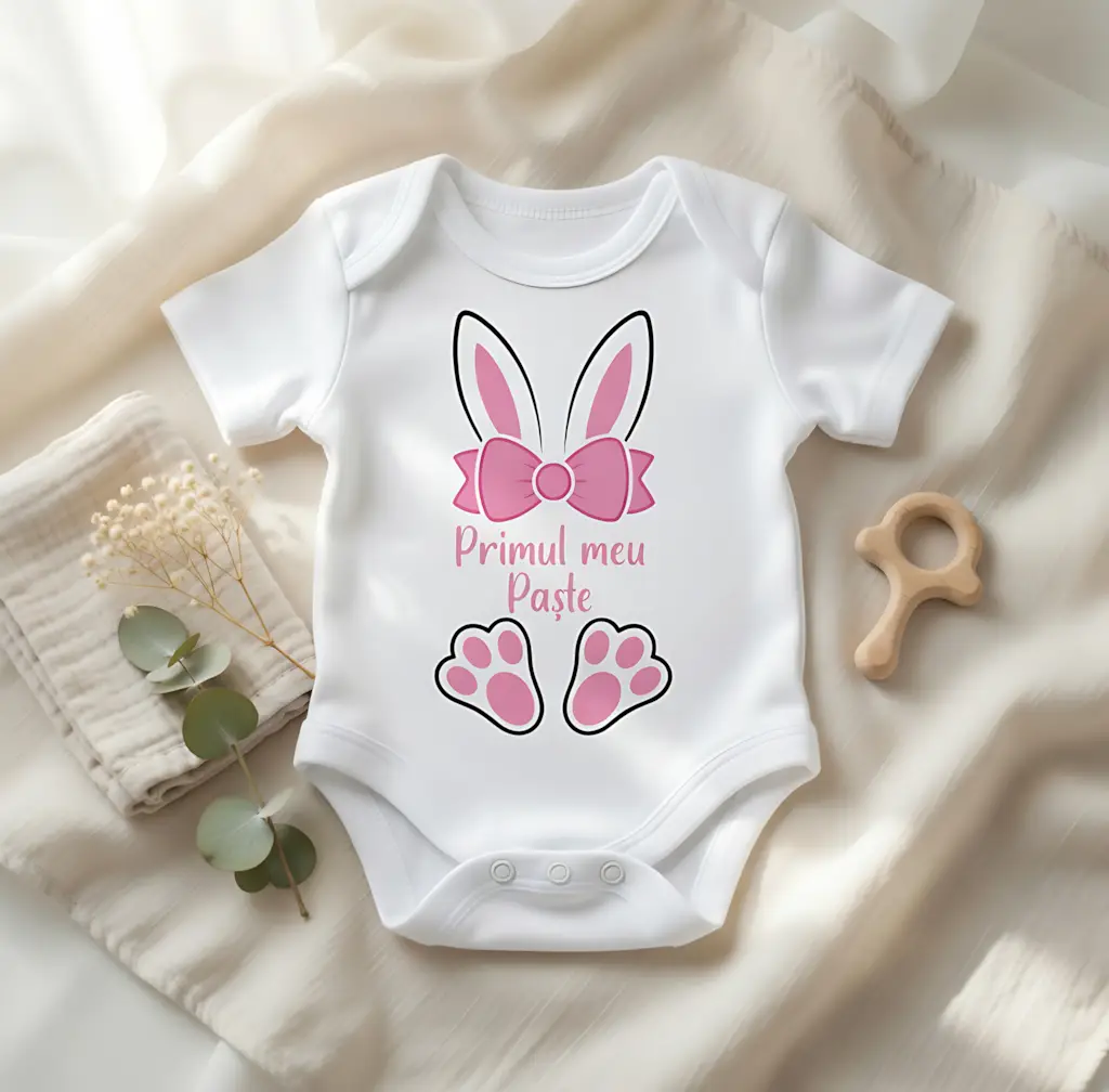 Body Bebeluș Personalizat - Primul meu Paște - Urechiușe și Fundiță Roz