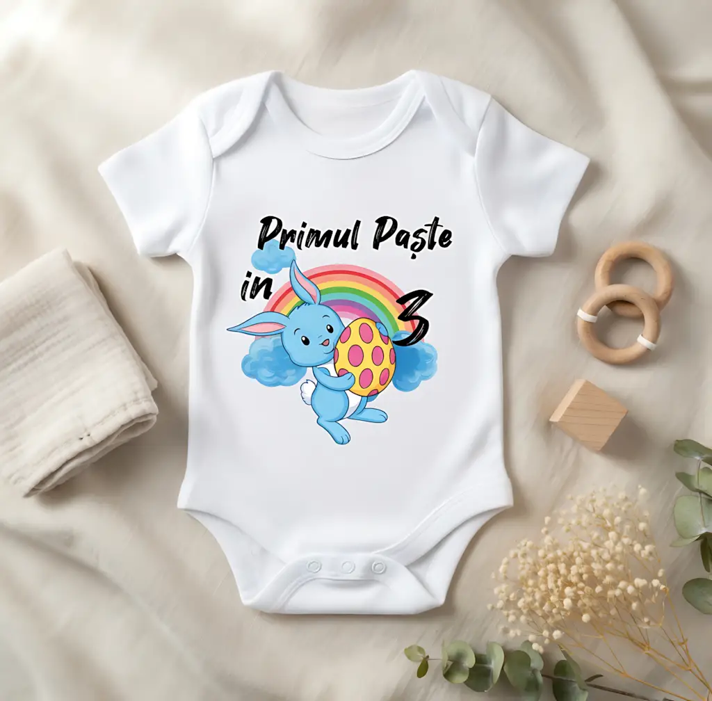 Body bebelus personalizat Primul Paste in 3 - varianta maneca scurta