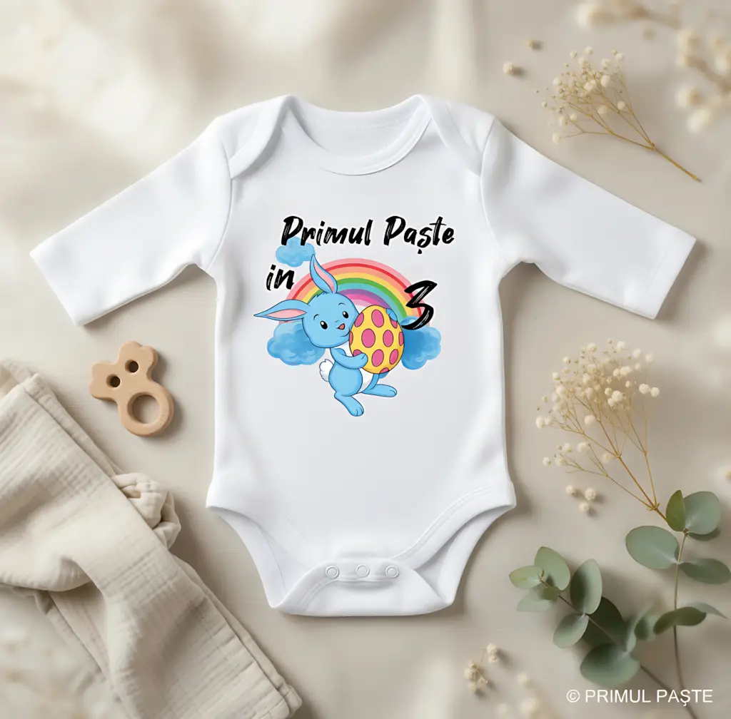 Body bebelus personalizat Primul Paste in 3 - varianta maneca lunga (+5 lei)