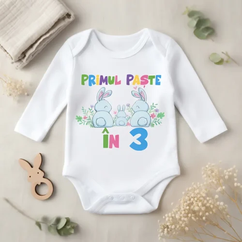 Body Bebelus Personalizat - Primul Paste in 3 Familie