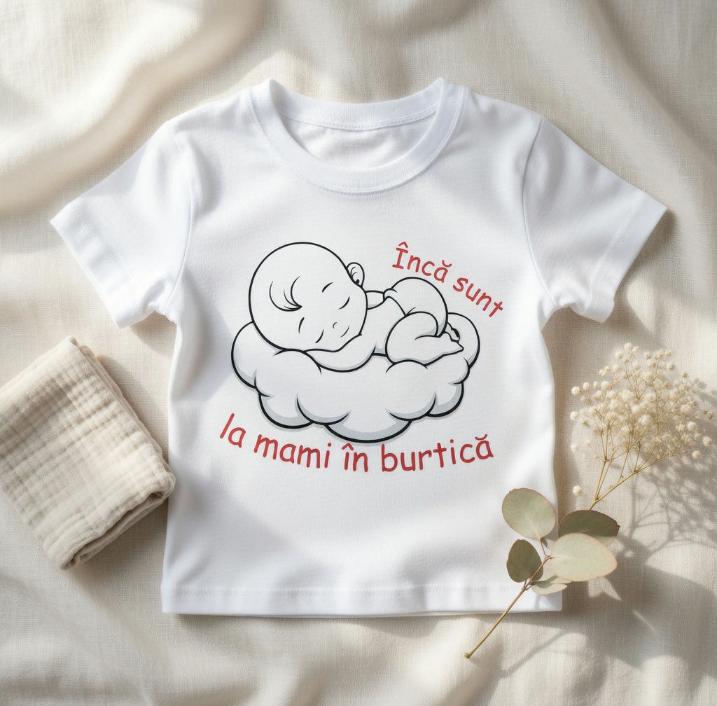 design-tricou-incă-sunt-la-mami-in-burtică-flat design tricou alb „Încă sunt la mami în burtică” – bebeluș dormind pe nor, text roșu, flat lay pe fond bej cu accesorii