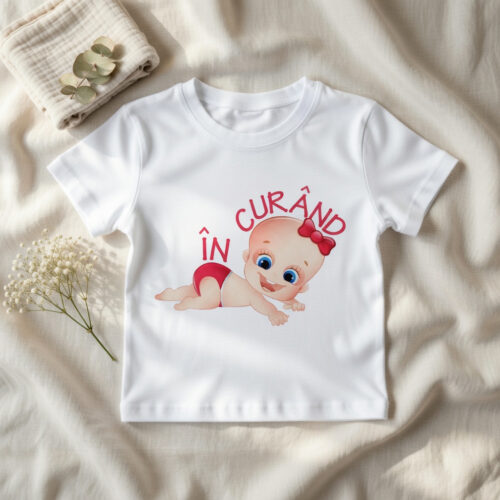 design tricou alb „În curând” cu bebeluș fetiță drăgălașă cu fundiță roșie, flat lay pe fond bej cu flori și textile