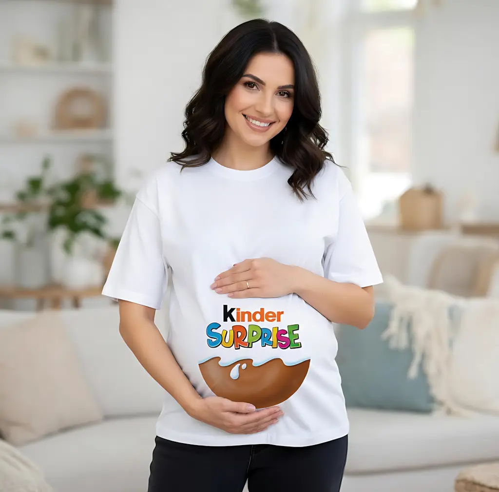 tricou-gravida-kinder-surprise-surpriza-in-burtică tricou gravidă Kinder Surprise – ou de ciocolată și text colorat pe burtica de gravidă