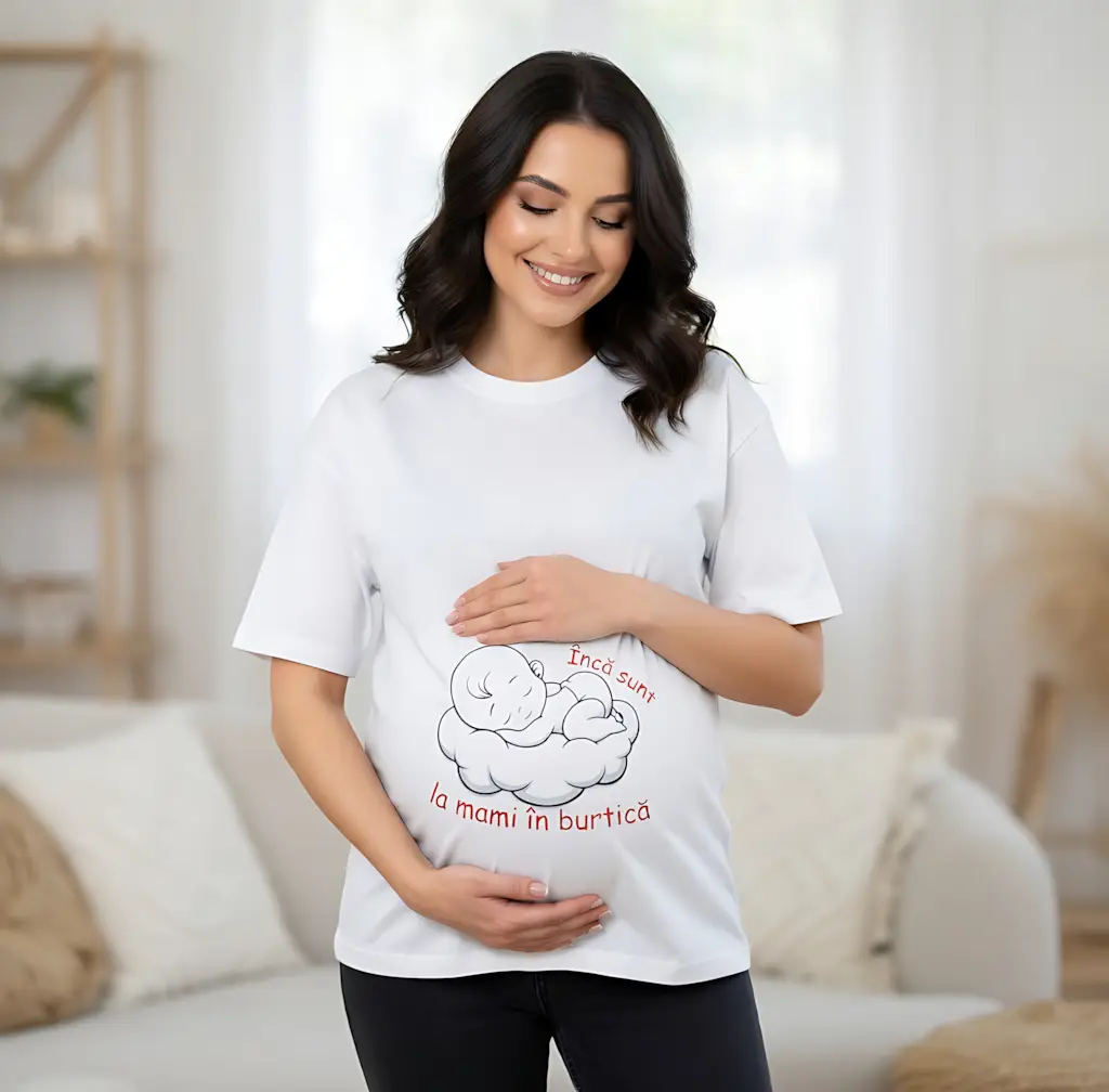 tricou-gravida-incă-sunt-la-mami-in-burtică tricou gravidă „Încă sunt la mami în burtică” cu bebeluș dormind pe nor – design alb cu text roșu