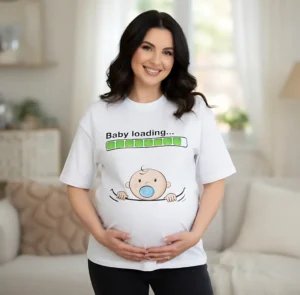 tricou-gravida-baby-loading tricou gravidă Baby loading cu bară verde și bebeluș cu suzetă pe burtica de gravidă