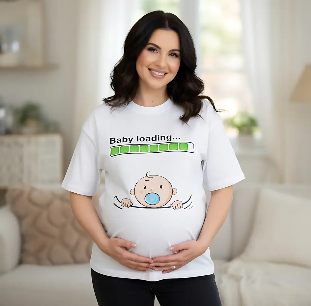 tricou-gravida-baby-loading tricou gravidă Baby loading cu bară verde și bebeluș cu suzetă pe burtica de gravidă