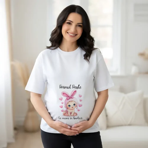 tricou gravidă Paște iepuraș roz la mami în burtică