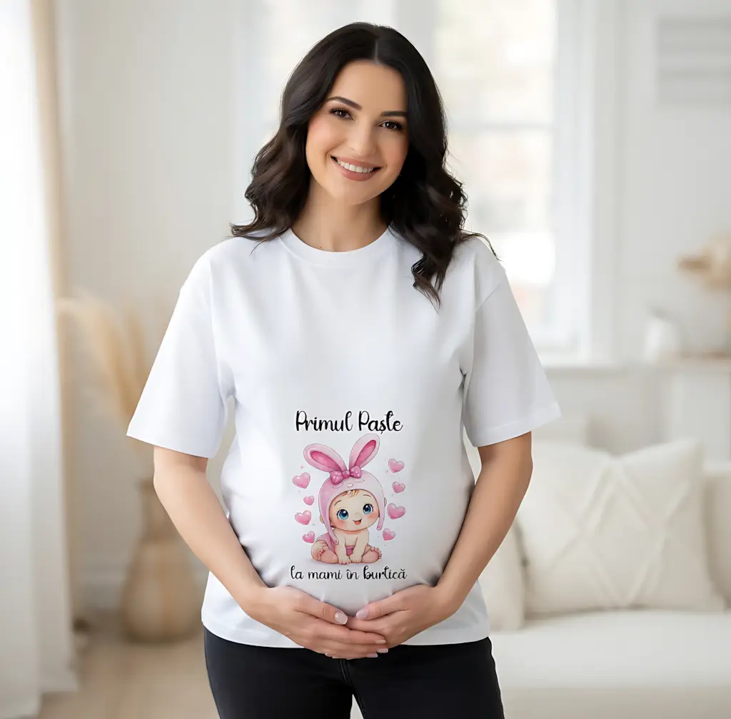 tricou gravidă Paște iepuraș roz la mami în burtică