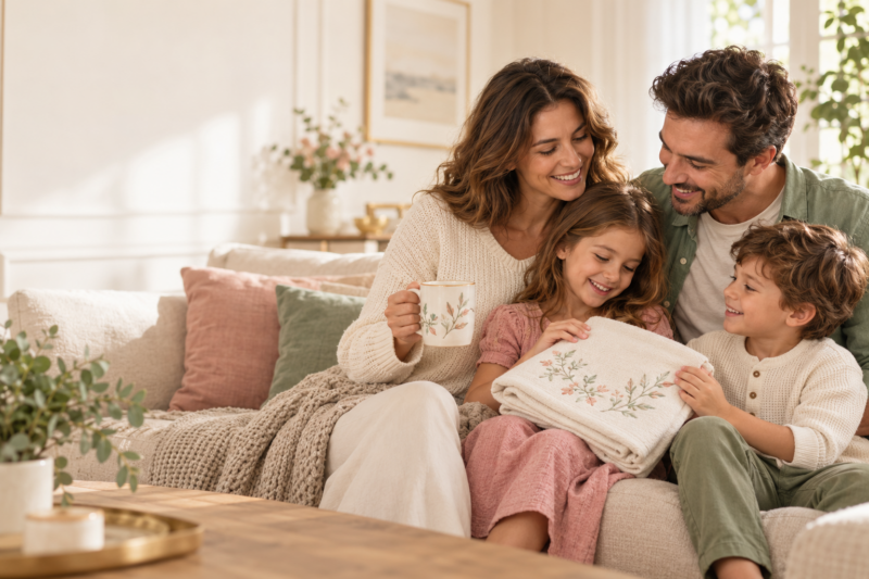 Familie fericită cu cadouri personalizate PerfectKids
