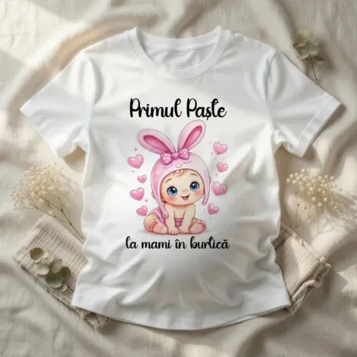 Imagine detaliată cu imprimeu tricou gravide Primul Paște la mami în burtică, bebeluș cu căciuliță iepuraș și inimioare roz