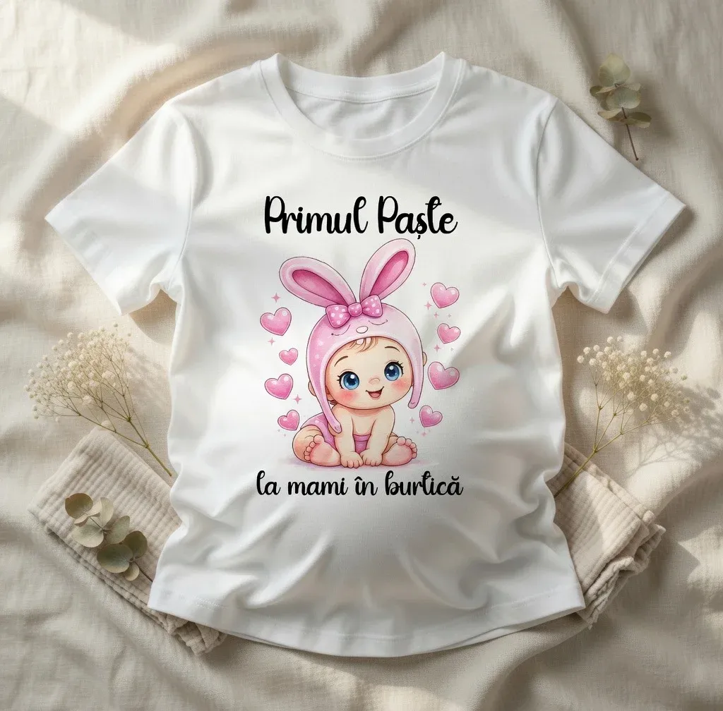 Imagine detaliată cu imprimeu tricou gravide Primul Paște la mami în burtică, bebeluș cu căciuliță iepuraș și inimioare roz