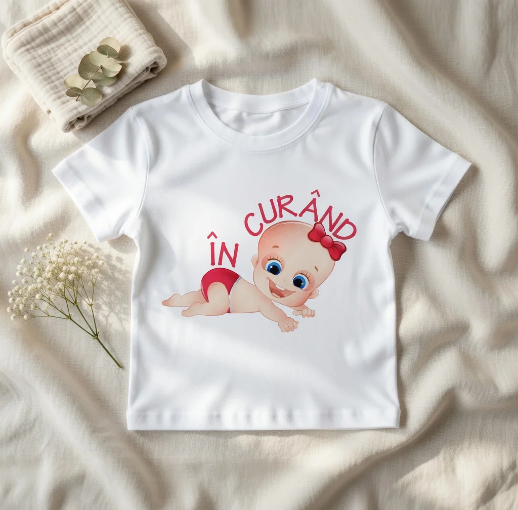 design tricou alb „În curând” cu bebeluș fetiță drăgălașă cu fundiță roșie, flat lay pe fond bej cu flori și textile