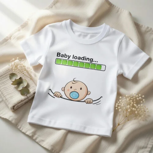 design tricou alb Baby loading cu bară verde de încărcare și bebeluș cu suzetă, flat lay pe fond bej cu accesorii
