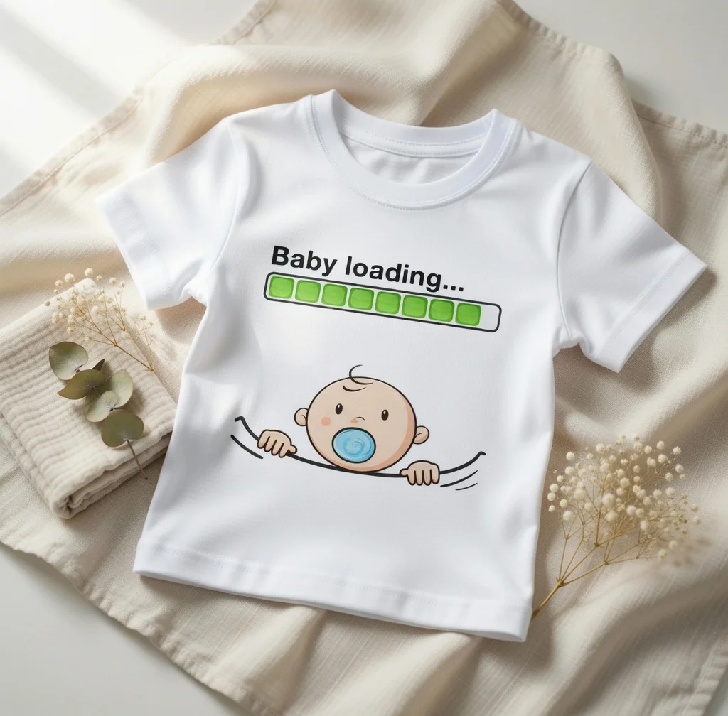 design tricou alb Baby loading cu bară verde de încărcare și bebeluș cu suzetă, flat lay pe fond bej cu accesorii