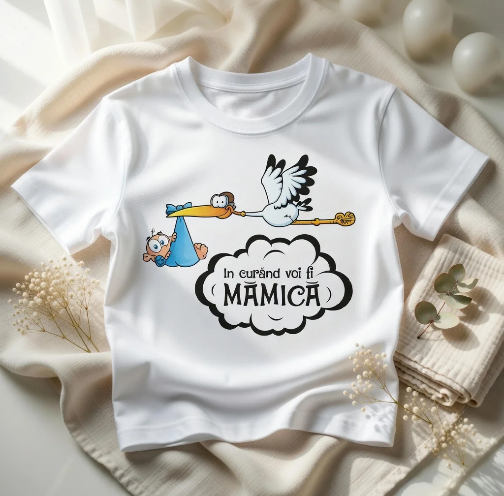 design tricou alb „În curând voi fi mămică” cu barză simpatică ținând bebelușul, flat lay pe fond bej cu accesorii